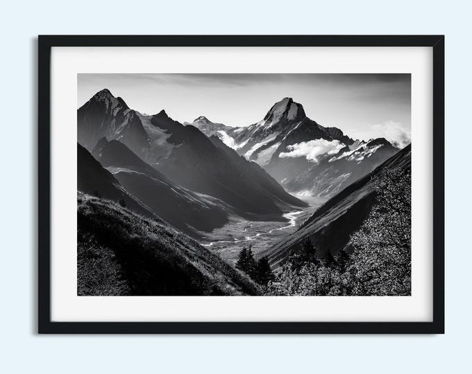 Black and White Mountain Landscape Print | Dramatic Nature Wall Art | Scenic Valley River Photo | Multiple Sizes 5x7 8x10 8x12 and 11x14