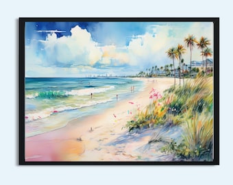Pastel Watercolor Beach Print Coastal Wall Art | Tropical Ocean Shoreline Décor | 5x7 8x10 8x12 11x14 Prints | Summer Seaside Artwork