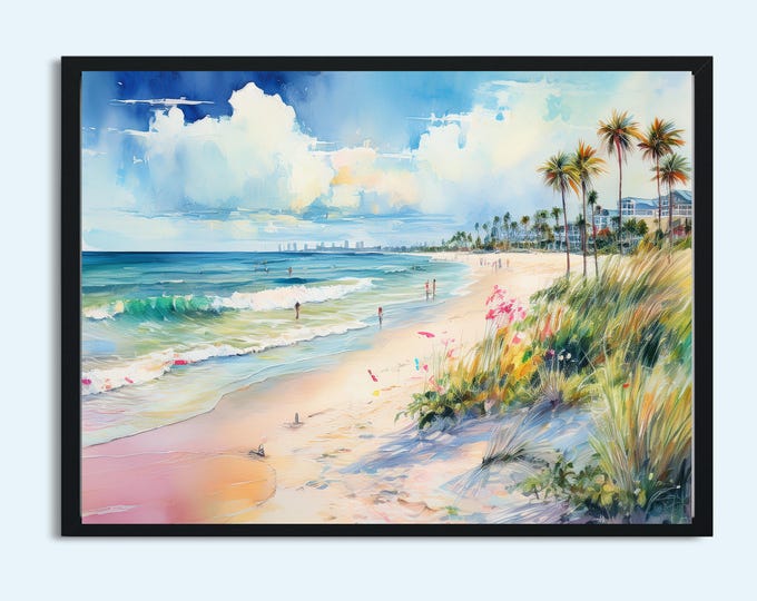 Pastel Watercolor Beach Print Coastal Wall Art | Tropical Ocean Shoreline Décor | 5x7 8x10 8x12 11x14 Prints | Summer Seaside Artwork