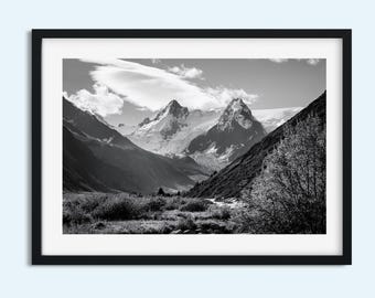 Black & White Mountain Landscape Print - Minimalist Nature Wall Art - Instant Print Digital Download