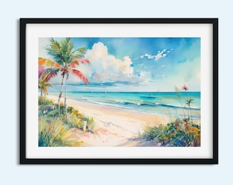 Serene Beach Path Watercolor Print | Coastal Dunes & Ocean Art | Palm Tree Landscape | Digital Download Printable