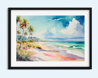 Watercolor Tropical Beach Print | Coastal Wall Art Ocean Scene | Seaside Pastel Palm Tree Print | 5x7 to 11x14 | Digital Beach Artwork