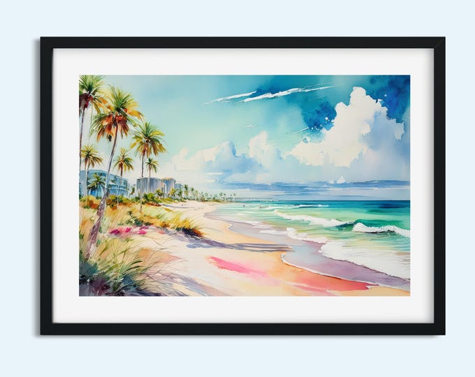 Watercolor Tropical Beach Print | Coastal Wall Art Ocean Scene | Seaside Pastel Palm Tree Print | 5x7 to 11x14 | Digital Beach Artwork