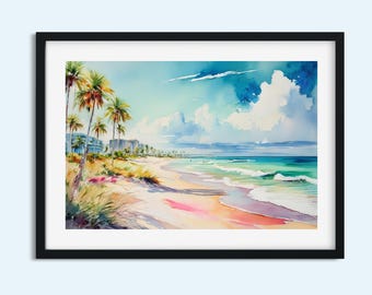 Coastal Watercolor Art | Tropical Beach Landscape with High-Rises |  Ocean View Print | Digital Download for Printable Wall Décor