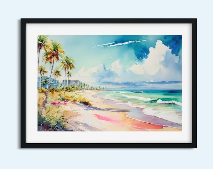 Coastal Watercolor Art | Tropical Beach Landscape with High-Rises |  Ocean View Print | Digital Download for Printable Wall Décor
