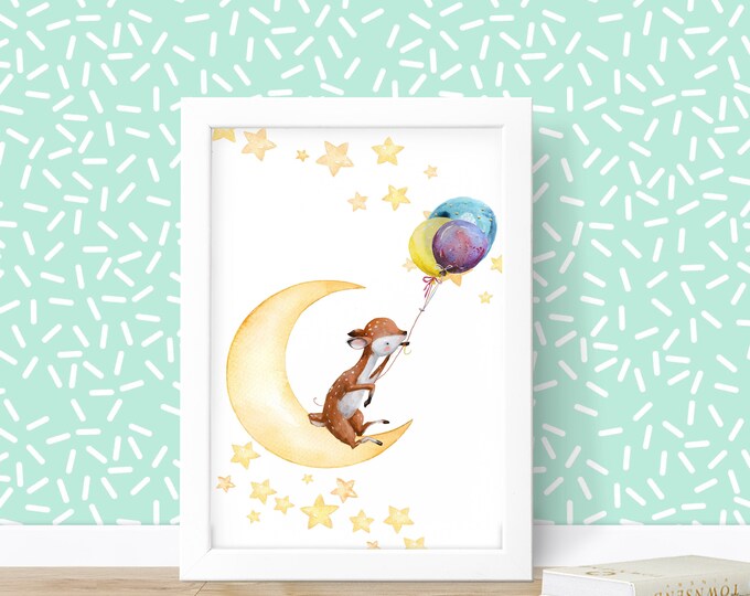Nursery Wall Art Digital Download, A Deer on the Moon, Great Baby Shower Gift, Cute Animal Sitting On the Moon, Nursery Décor