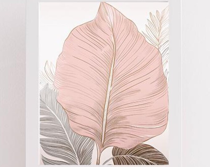 Minimalist Tropical Wall Art in Soft Neutrals - Blush Botanical Leaf Print | Modern Plant Illustration for Home Décor Digital Download