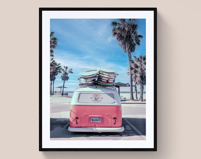 Beach Printable Art/ Pink Surfer Van – Bedroom/Living Room/Kitchen Wall Art – Coastal Wall Décor–Digital Art Printable - Instant Download
