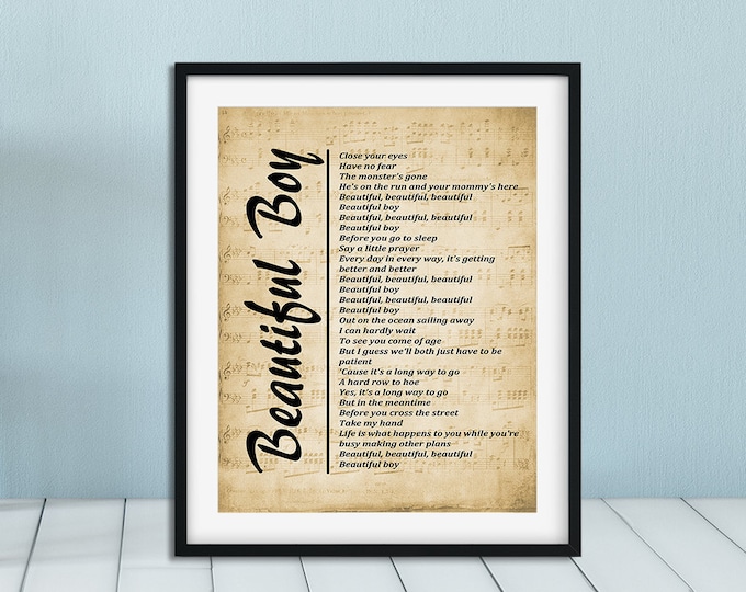 Beautiful Boy, Song Lyrics on Sheet Music Background, Wall Art, Music Poster Wall Hanging Digital Print - Mommy's Here Version Free Shipping