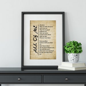 Song Lyrics Print All of Me, Wall Art Print, Digital Picture for Living Room, Bedroom or Office ...