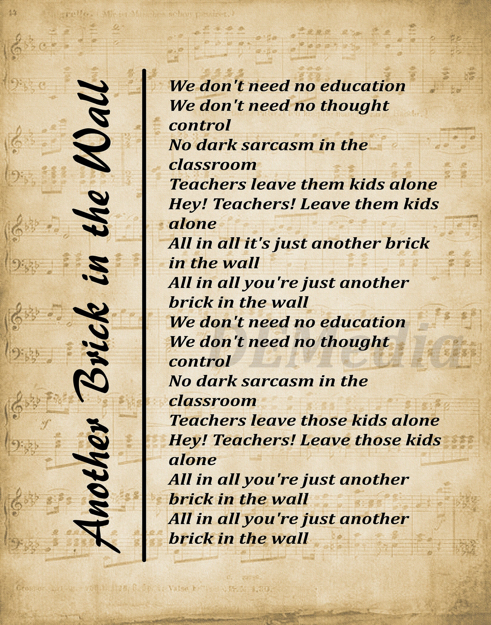 Another Brick in the Wall Song Lyrics Wall Art Print Digital Etsy