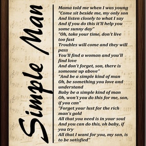 Simple Man Lyrics on Sheet Music, Digital Download, Lyrics Picture ...
