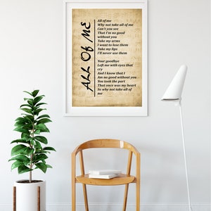 Song Lyrics Print All of Me, Wall Art Print, Digital Picture for Living Room, Bedroom or Office ...
