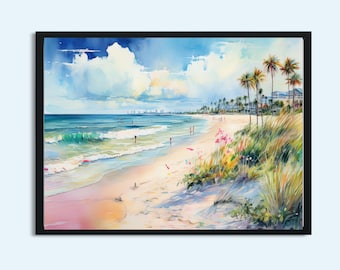 Tropical Beach Wall Art Print – Coastal Ocean Seascape Digital Download, Pastel Watercolor, Instant Printable Beach Décor