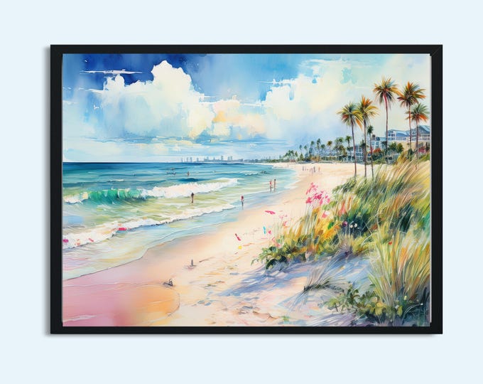 Tropical Beach Wall Art Print – Coastal Ocean Seascape Digital Download, Pastel Watercolor, Instant Printable Beach Décor