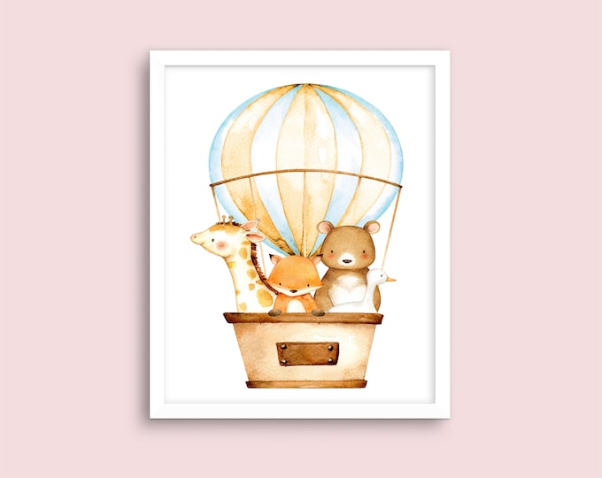 Nursery Wall Art, Animals in Balloon, Giraffe, Fox, Bear & Duck Cute Baby Animals, Great Baby Shower Gift, Nursery Décor - Digital Download
