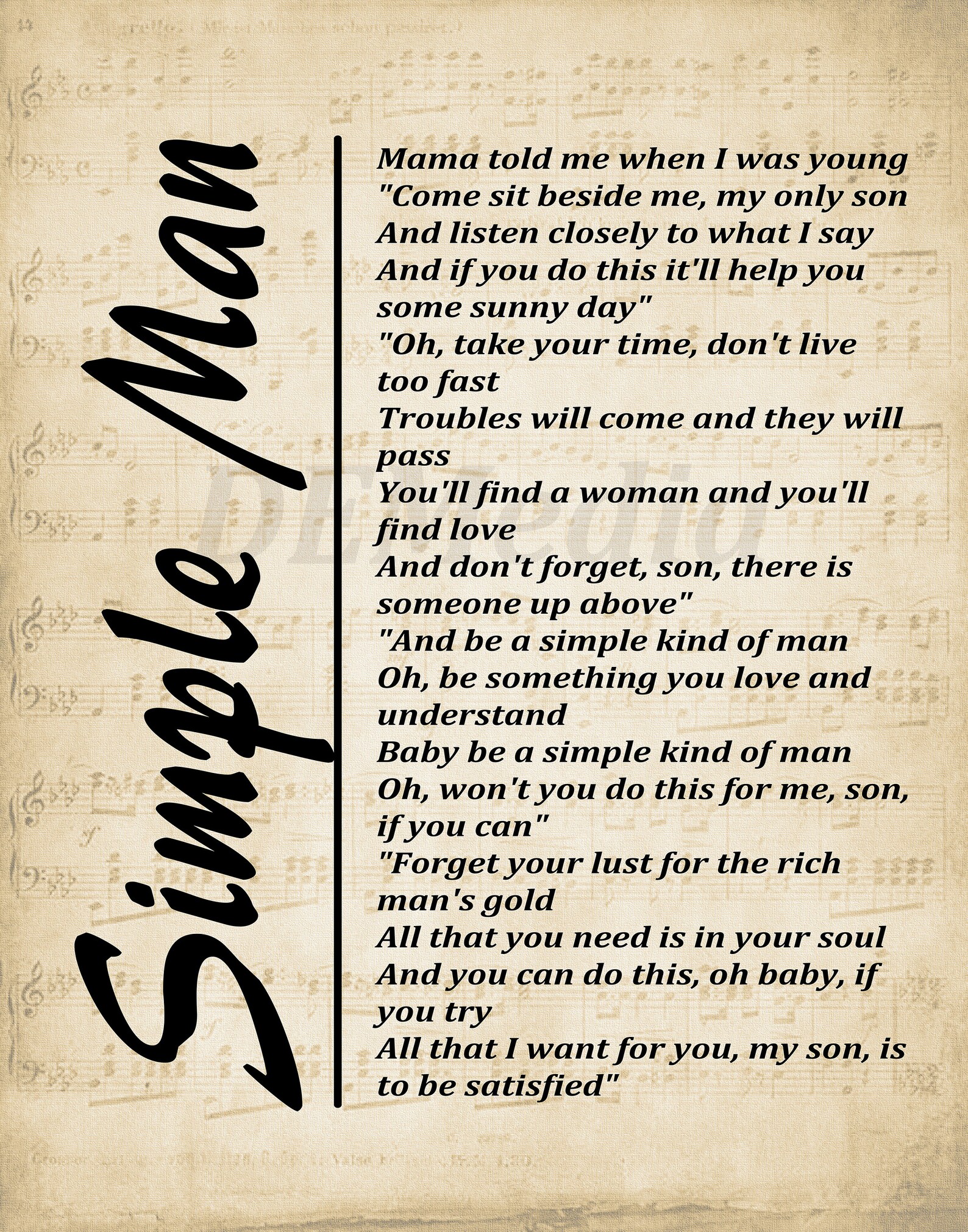 Simple Man Lyrics On Sheet Music Lyrics Picture Music Lyrics Etsy