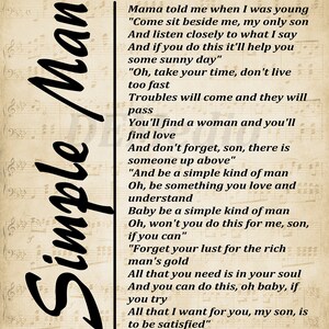 Simple Man Lyrics on Sheet Music, Lyrics Picture, Music Lyrics Wall Art ...