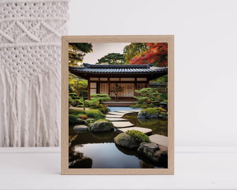 Japanese Zen Garden Digital Art Print – Instant Download
Featuring a peaceful stepping stone pathway, lush greenery, and a traditional wooden pagoda, this artwork embodies the essence of harmony, balance, and serenity.
Instant Download