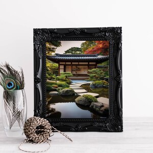 May include: A black framed print of a Japanese garden with a wooden building, a pond, and a stone path. The garden is surrounded by trees and bushes.