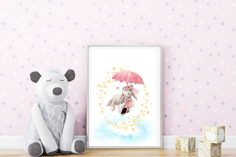 Great Baby Shower Gift Nursery Wall Art Cute Flying Baby Animals Bunnies with Umbrella Nursery D\u00e9cor Digital Download
