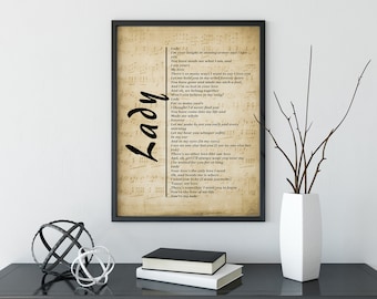 Music Lyrics Wall Art, Lady on Sheet Music Background, Lyrics Picture,  Music Gift, Print,  Wall Décor, Free Shipping