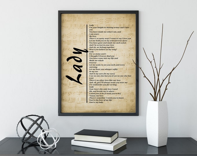 Music Lyrics Wall Art, Lady on Sheet Music Background, Lyrics Picture,  Music Gift, Print,  Wall Décor, Free Shipping