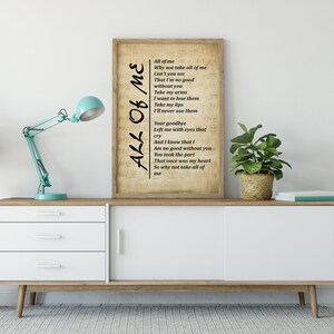 Song Lyrics Print All of Me, Wall Art Print, Digital Picture for Living Room, Bedroom or Office ...