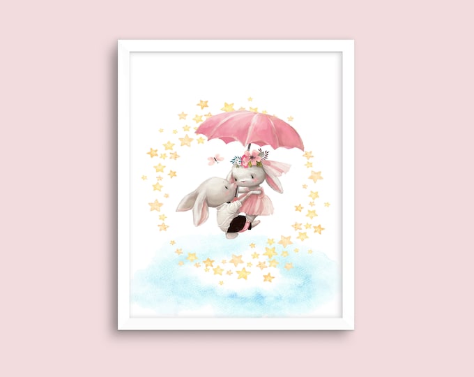 Nursery Wall Art, Cute Flying Baby Animals, Bunnies with Umbrella, Great Baby Shower Gift, Nursery Décor /Digital Download
