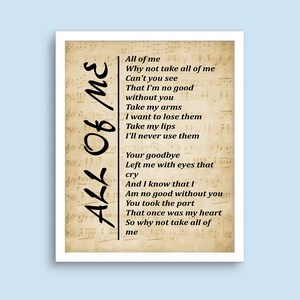Song Lyrics Print All of Me, Wall Art Print, Digital Picture for Living Room, Bedroom or Office ...