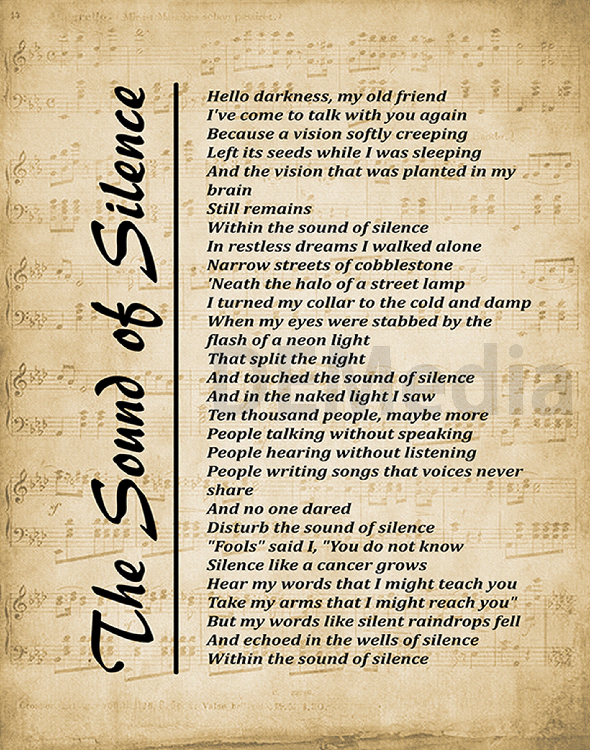 The Sound of Silence Lyrics Digital Print Lyrics Picture Etsy