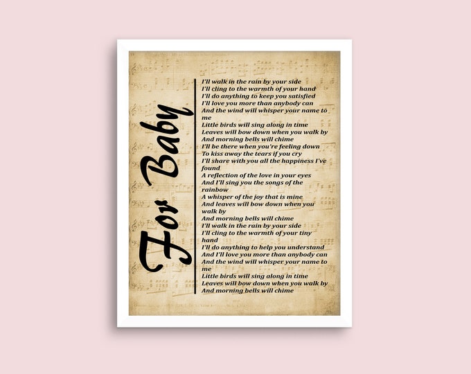 Wall Art Print - Lyrics on Sheet Music Background, For Baby by John Denver - Wall Décor, Music Lyrics Wall Art - Free Shipping