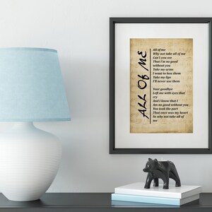 Song Lyrics Print All of Me, Wall Art Print, Digital Picture for Living Room, Bedroom or Office ...
