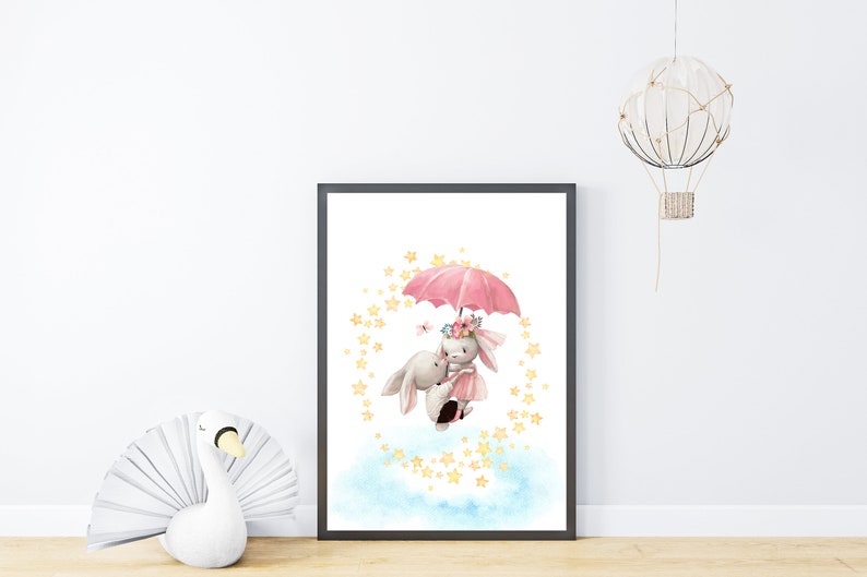 Great Baby Shower Gift Nursery Wall Art Cute Flying Baby Animals Bunnies with Umbrella Nursery D\u00e9cor Digital Download