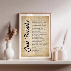 Just Breathe Print - Lyrics on Sheet Music Background, Song Lyrics Wall Art