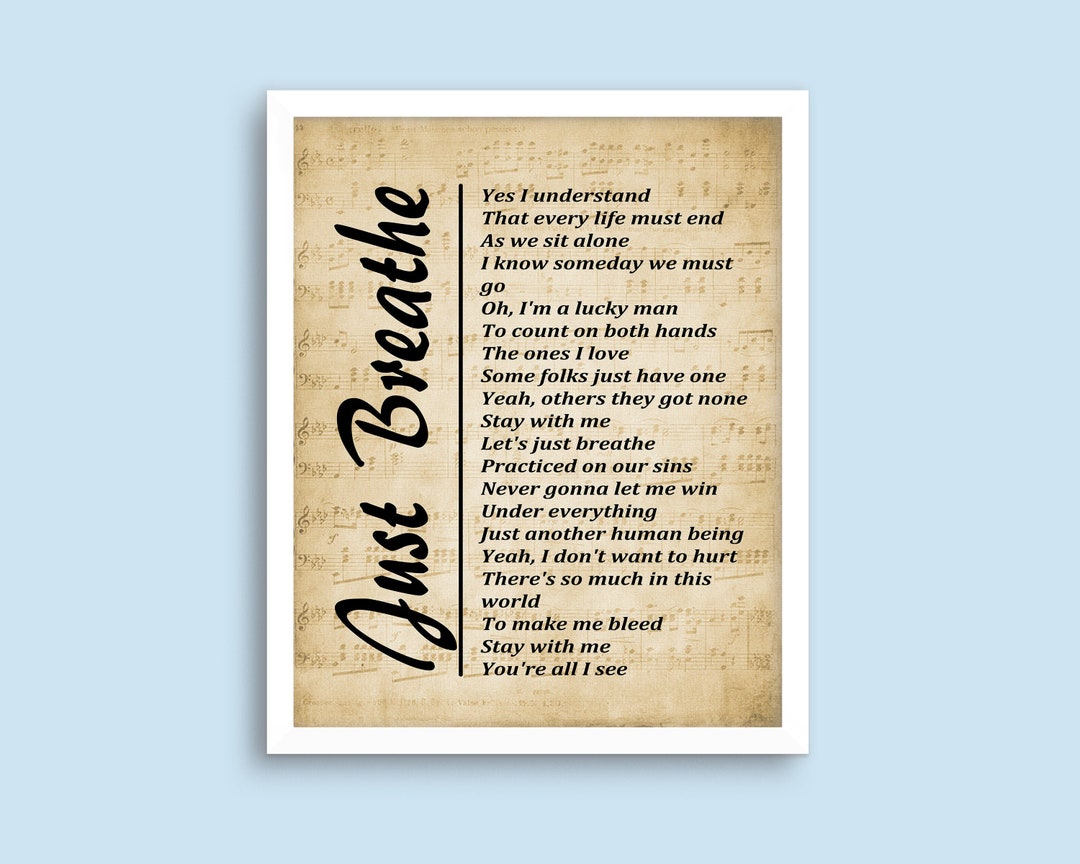 Just Breathe Lyrics on Sheet Music Background, Song Lyrics Wall Art Instant Download Wall