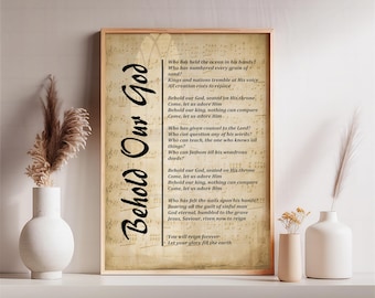 Behold Our God Lyric Print, Christian Wall Art, Modern Hymn Poster with Vertical Script, Scripture Home Décor, Worship Print - Free Shipping