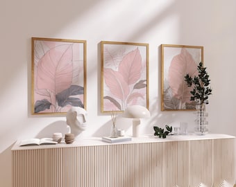 Set of 3 Pink Botanical Prints, Japandi Wall Art, Minimalist Leaf Line Art, Digital Download, Boho Printable Décor, Large Abstract Wall Art
