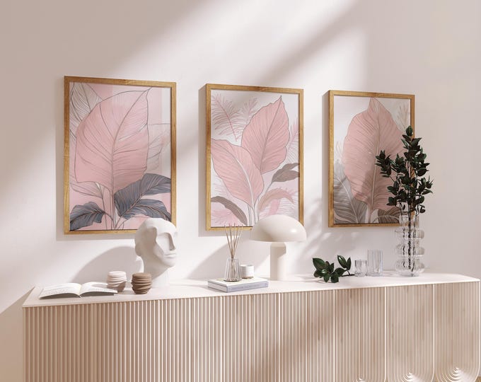 Set of 3 Pink Botanical Prints, Japandi Wall Art, Minimalist Leaf Line Art, Digital Download, Boho Printable Décor, Large Abstract Wall Art