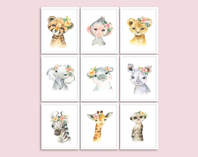 Set of 9 Individual Pictures, Jungle Nursery Wall Art , Safari Animals for Girls Room Décor, Digital Art Printable,  Baby Shower Gift