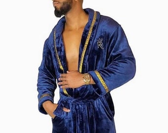 Blue and Gold Royalty Robe, with gold greek key trim, soft plush luxury designer robe, Housecoat, spa robe, gift idea