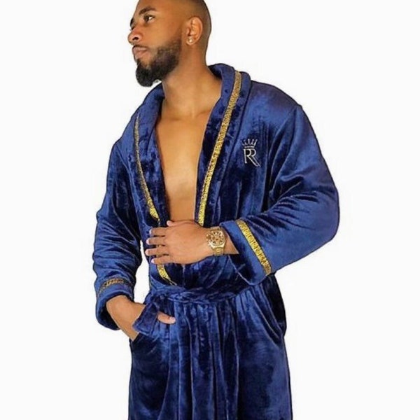 Blue and Gold Royalty Robe, with gold greek key trim, soft plush luxury designer robe, Housecoat, spa robe, gift idea