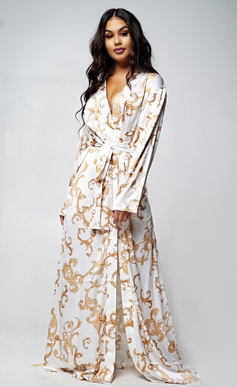 White & Gold Baroque Satin Long Robe Housecoat Etsy