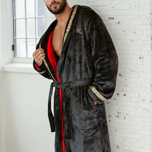 The Royal King red interior double layer ultra plush fleece spa Robe with gold Greek key trim, luxury housecoat with pockets, gift for men