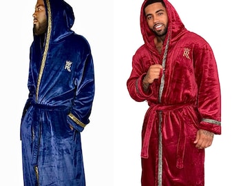 Hooded Royalty Robe, blue or red robe with gold greek key trim, soft plush luxury robe, Housecoat