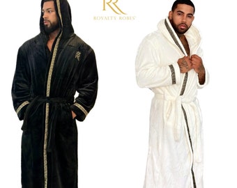 Hooded Royalty Robe, black, off white or red with gold greek key trim, soft plush luxury robe, Housecoat, spa robe, gift idea