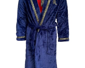 The Royal King Robe, plush double layer bathrobe, black with red interior and gold Greek key trim, luxury housecoat with pockets for men