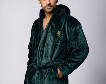 Hooded Dark Green Royalty Robe, super soft plush fleece spa robe, housecoat, luxury robe, gift idea, bathrobe