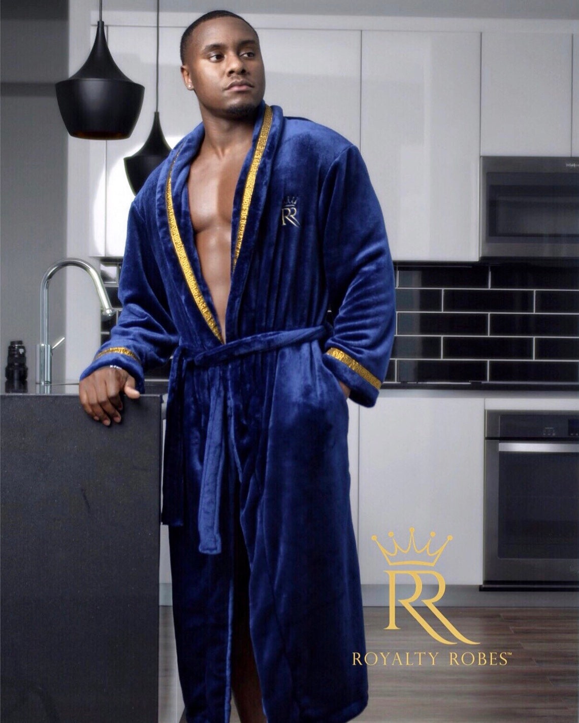 Navy Blue Men's Royalty Robe With Gold Greek Key Trim Etsy
