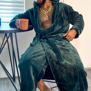 Dark Green Hooded Fleece Bathrobe, Soft Robe With Hood, Loungewear for ...